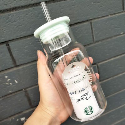 【熱賣精選】現貨 Starbucks 星巴克 韓國淡藍色海洋風吸管杯創意奶瓶造型玻璃杯帶蓋杯子