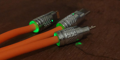 USB 300W 6A 鋅合金LED燈橙色三合一充電數據線 1米長，APPLE LIGHTNING, ANDROID TYPE C, Micro USB