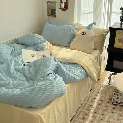 A類皺皺紗水洗棉素色床包組 簡約款素色床單 床罩組 拼色床包四件組 單人 雙人 加大床包組