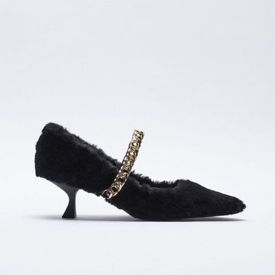 Zara 鏈飾人造皮草細跟高跟鞋  毛絨絨高跟鞋 尖頭高跟鞋 包鞋～原價1290元