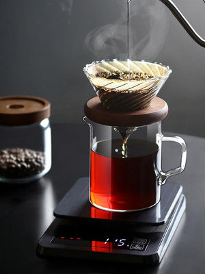 九土咖啡分享壺家用玻璃手沖壺帶把加厚咖啡壺勻杯實木架咖啡濾杯~小滿良造館