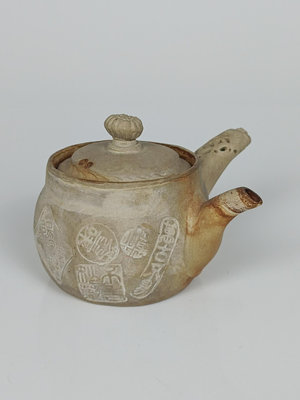 日本萬古燒陽桐軒老橫手急須手捏側把壺中古陶瓷茶具回流老物件