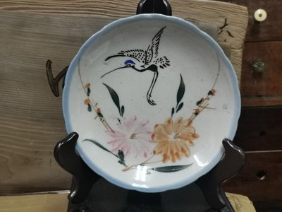 典藏台灣早期圓花卉,藍頭鶴的老盤子一支,美~~少!