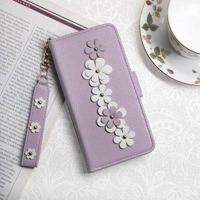 亞古奇 Apple iPhone 11/12/12 Pro (6.1吋) 花語鉚釘立體花朵手機皮套 附皮質璀璨吊飾-柔紫