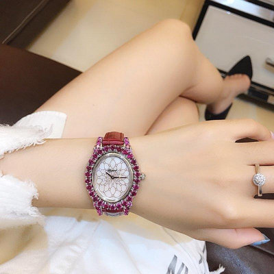 直購#蕭邦腕錶 女表橢圓小錶盤鑲水鑽滿天星時尚潮流真皮細錶帶