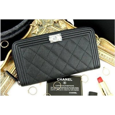 Chanel Boy Zipped Wallet 黑色銀CC荔枝紋拉鍊長夾