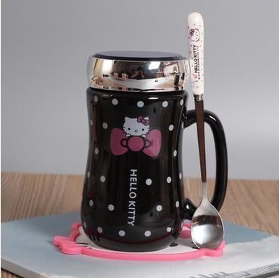 【上品居家生活】黑色蝴蝶結款 Hello Kitty 凱蒂貓 創意鏡面蓋 卡通風格陶瓷杯帶小湯匙/小勺子 (420ml)