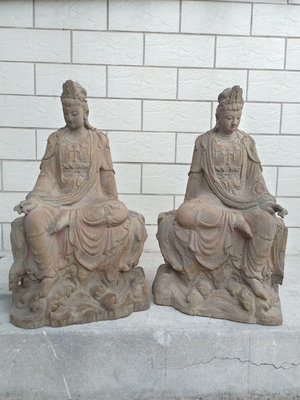 木雕素皮殼佛像  坐假山自在觀音菩薩造像擺件  高50公分