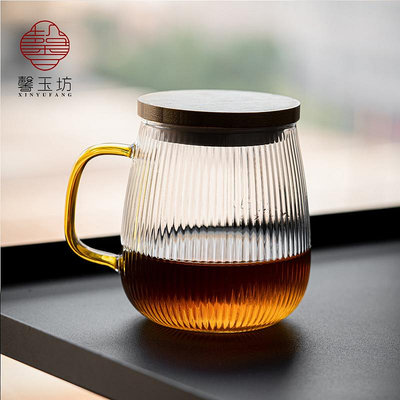 日式條紋玻璃水杯帶蓋勺子耐熱花茶牛奶咖啡杯泡茶杯啤酒杯果汁杯