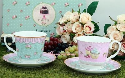 點點蘑菇屋{咖啡對杯}義大利Lamart精緻冰淇淋花茶杯盤組 浪漫風 蕾絲 彩繪陶瓷 現貨