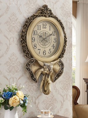 現貨好物大象歐式掛鐘家用美式靜音鐘表創意客廳石英鐘黃銅色裝飾麗聲機芯 可開發票