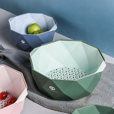 雙層幾何洗菜盆塑料瀝水籃客廳家用洗水果盤廚房淘米籃收納筐創意~特價