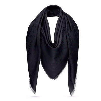 全新法國正品 Louis Vuitton LV Denim Monogram 印花絲羊毛披肩 圍巾 黑色 M71329