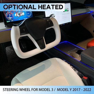 現貨 Yoke 方向盤適用於特斯拉 Model 3 Model Y 2017-2023 白色皮革黑色面板無按鈕(帶加熱)