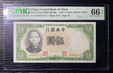 紙幣：民國25年中央銀行德納羅伍圓PMG66E