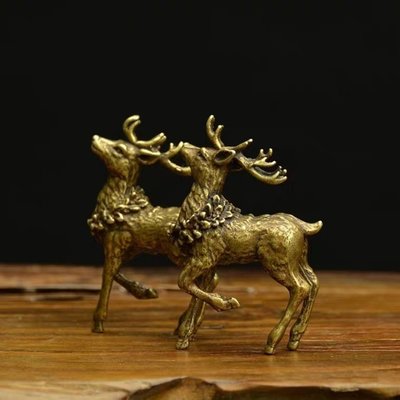 下殺-袖珍銅鹿小擺件實心黃銅小鹿手把件銅對鹿古玩銅器銅微雕老銅