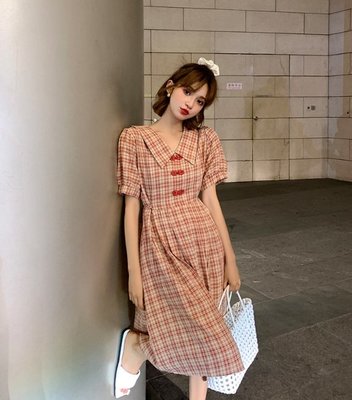 韓國 改良式旗袍 短袖格紋洋裝 收腰 蝴蝶結綁帶 連身短裙 連身短洋裝 格子洋裝 格紋洋裝 2020春