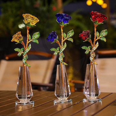現貨創意擺件水晶玻璃插玫瑰花擺件花瓶客廳裝飾品工藝品桌面創意簡約裝飾
