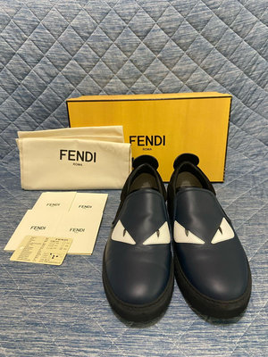 FENDI 怪獸 藍黑色拼麂皮休閒鞋 帆布鞋 懶人鞋 購於台北101