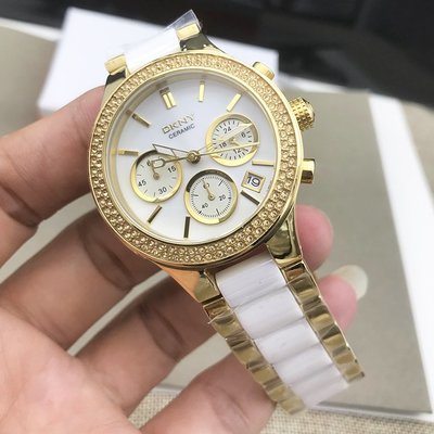 替換錶帶 DKNY手錶金色不銹鋼陶瓷三眼計時鑲鉆商務休閑石英錶日歷防水女錶