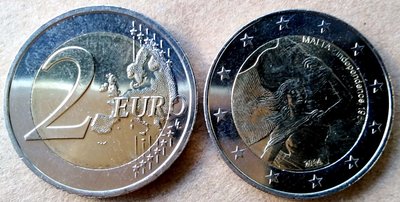 現貨熱銷-【紀念幣】馬爾他共和國2014年2歐元雙色紀念幣(馬爾他從英國獨立50周年)