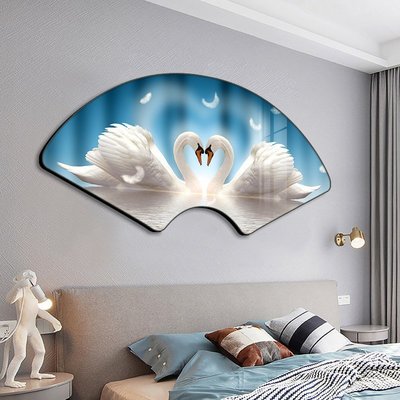 特賣-溫馨天鵝掛畫高級感主臥室床頭裝飾畫創意扇形現代簡約