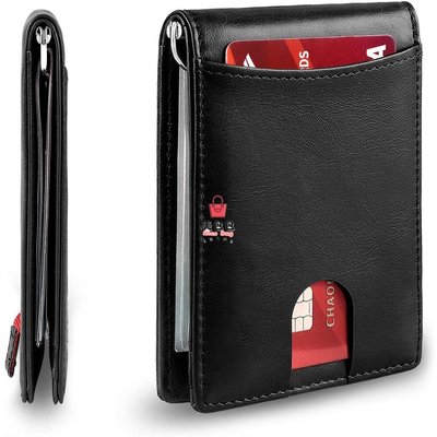 極簡主義超薄錢包男士錢夾錢包 RFID 阻止雙折錢包皮革信用卡夾 錢包 皮夾