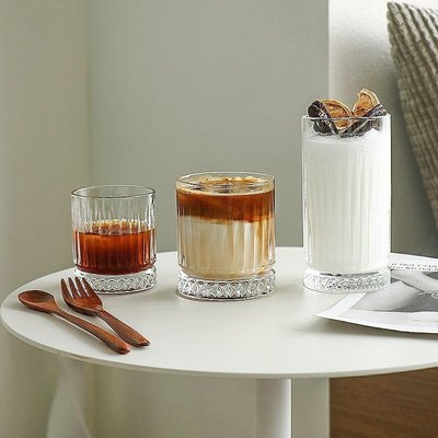 ins風咖啡館美式拿鐵冰咖啡杯冷萃摩卡古典復古家用條紋玻璃杯子~滿2組出貨