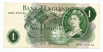 英國1鎊紙幣 1966-1970年版 J.S.Fforde簽名 近新 joe51