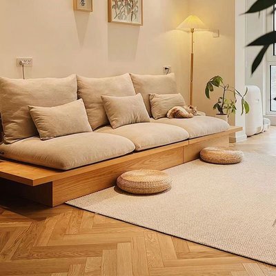客廳地墊日式沙發實木框架小戶型簡約儲物三人地臺布藝原木侘寂風