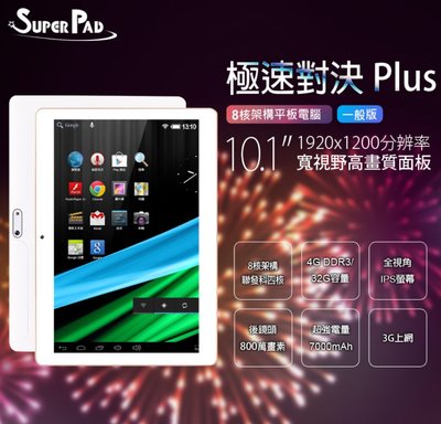 【東京數位】全新 平板 SuperPad 極速對決 Plus 10.1吋 一般版 8核架構平板電腦 3G上網4G/32