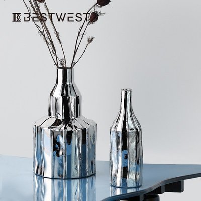 花瓶不規則小口電鍍玻璃花瓶 客廳擺件插花軟裝飾花器現代