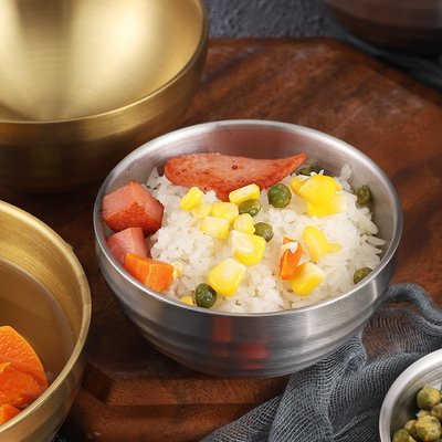 下殺 食品級304不銹鋼碗家用兒童小碗吃飯碗雙層防燙韓式湯碗金色餐具#餐具