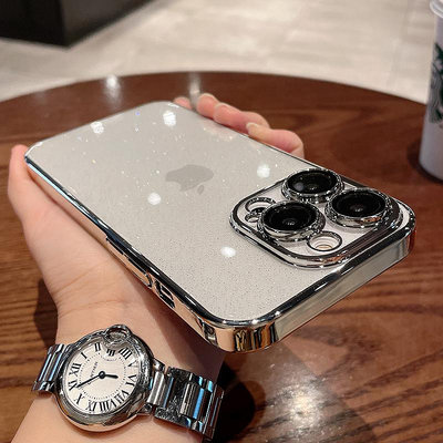 蘋果15保護殼 太空銀透明閃粉適用蘋果15promax手機殼iphone14pro自帶鏡頭膜13pro硬殼1