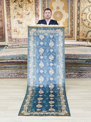 米可家飾~天匠76x230cm手工真絲波斯地毯歐式設計絲毯植物染色地毯家用客廳地毯手工地毯