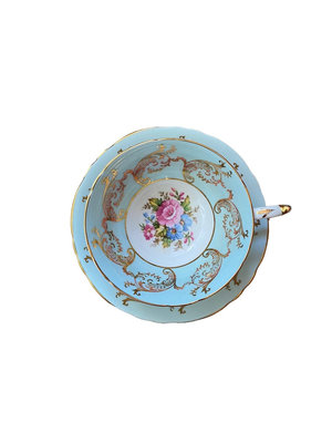 英國中古骨瓷paragon帕拉貢藍色粉玫瑰寬口杯盤