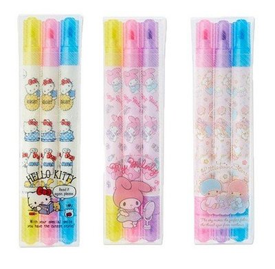 【傳說企業社】螢光筆 日本 三麗鷗 Hello Kitty 美樂蒂 雙子星 3色 雙頭 螢光 麥克筆 組合 正版日本進口
