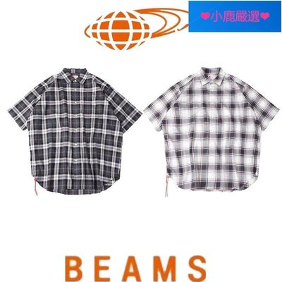 正品❤小鹿嚴選❤ BEAMS JAPAN純棉日系寬松廓形紅繩短袖格子襯衫男女