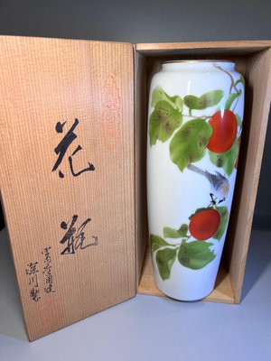 日本 宮廷御用 深川製花瓶 深川製花瓶 釉上彩 手繪 口沿描