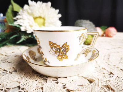 Minton 明頓玲瓏瓷茶杯碟，金銀雙色手繪，米粒形鏤空填充