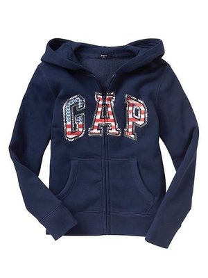 【Gap】女童裝連帽外套 棉質刷毛長袖外套 美國國旗 亮片Logo 帽T深藍色