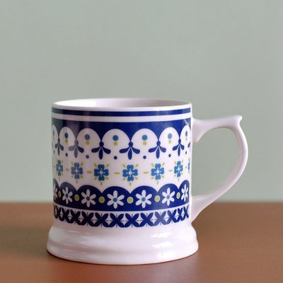 法式小清新陶瓷馬克杯  藍色  白色  陶瓷馬克杯  水杯 茶杯  咖啡杯  鄉村風  陶瓷手把杯【小雜貨】