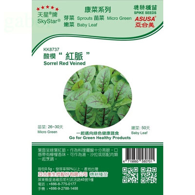 種子王國 酸模'紅脈'Sorrel Red Veined【芽菜種子】天星牌 健康蔬菜 約0.5公克/包 原包裝種子