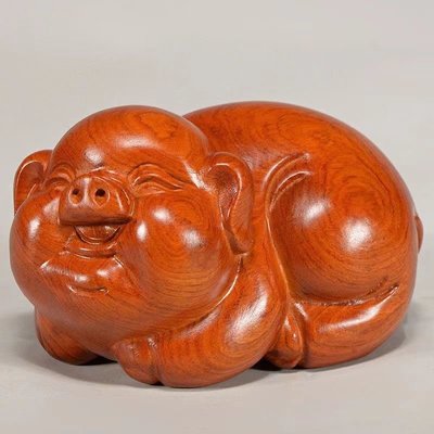 現貨：花梨木雕福氣豬擺件風水裝飾工藝品十二生肖豬實木雕刻小豬擺件