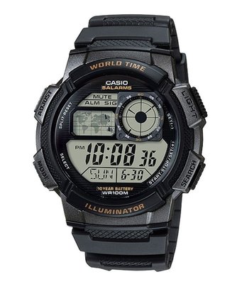 CASIO WATCH 卡西歐黑框10年電力世界時間矽膠帶電子運動腕錶 型號：AE-1000W-1A【神梭鐘錶】