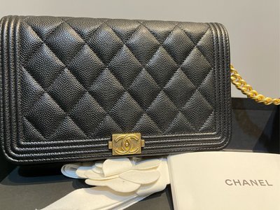 Chanel woc黑色牛皮荔枝Boy金釦金鍊斜側背包 皮夾經典款 購證 卡袋 極新美品