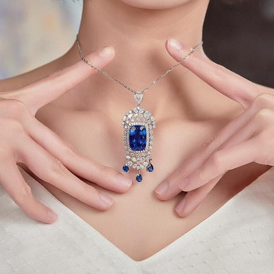 BlingBling 高級珠寶璀璨華麗晚宴藍寶石項鍊 20克拉仿天然坦桑石藍鑽吊墜女