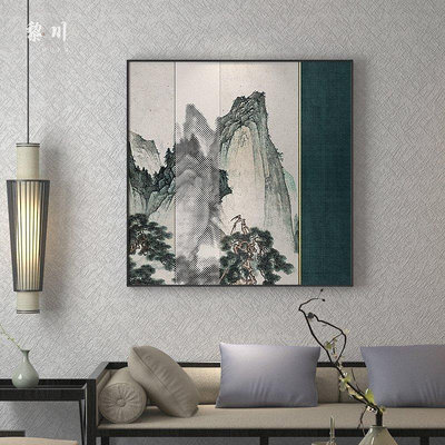 【現貨精選】新中式裝飾畫藍色山水古典中國風輕奢客廳茶室玄關壁畫方形掛畫