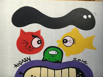 【龍藝術】 保證真跡 米豆 綠貓比較喜歡黃魚 原創 壓克力顏料 (非草間 奈良 洪易 作品)