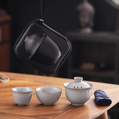 茶具 汝窯快客杯一壺兩杯便攜式戶外旅行茶具套裝陶瓷蓋碗泡茶杯印